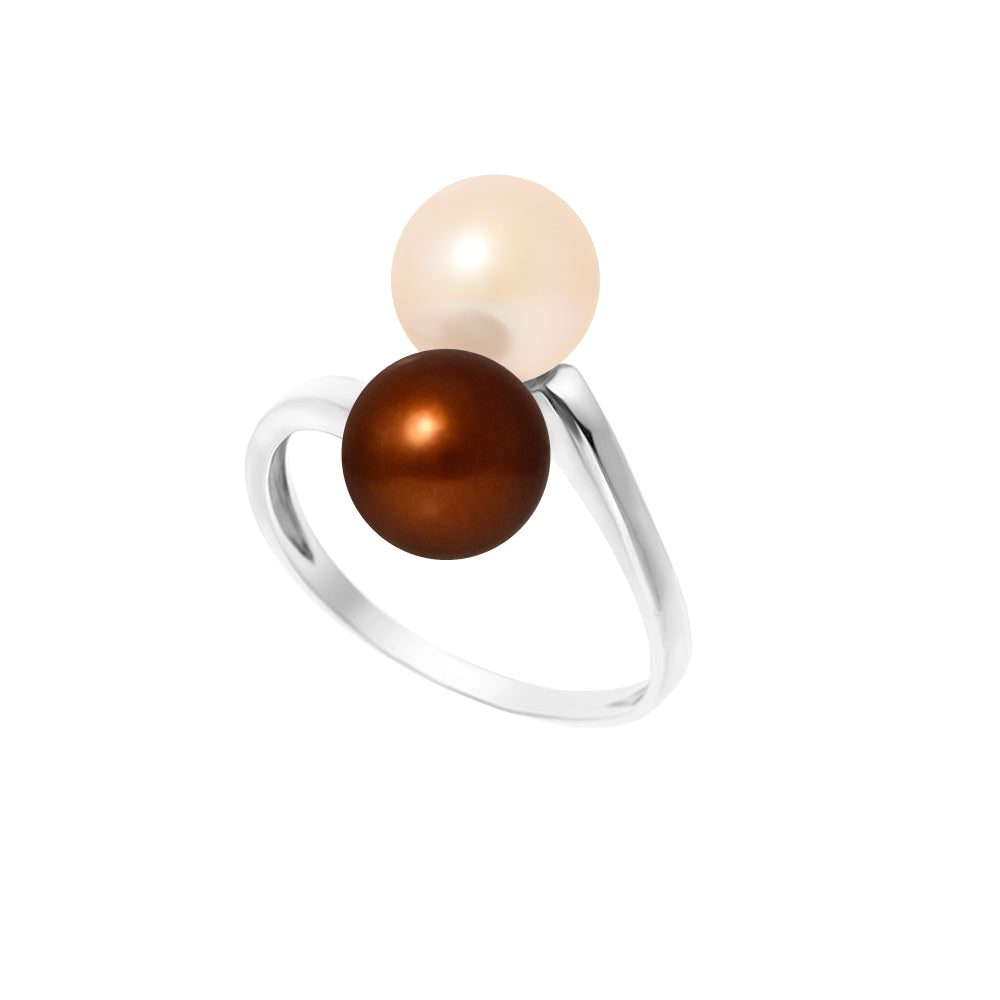 PERLINEA- Bague- Perles de Culture d'Eau douce- Ronde Diamètre 7-8 mm Rose & Chocolat- Taille 48 (EU)- Bijou Femme- Argent 925 Millièmes