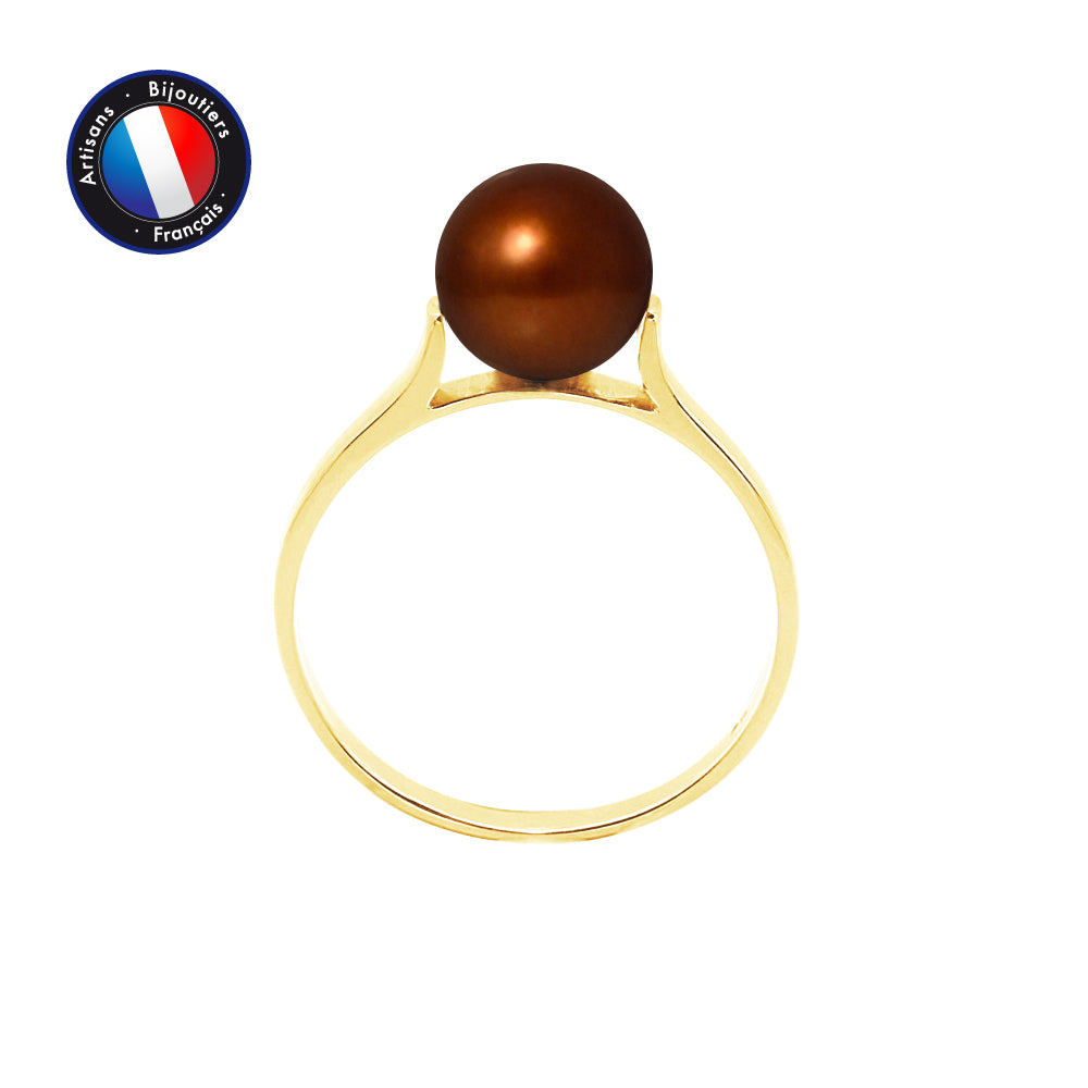 PERLINEA- Bague- Perles de Culture d'Eau Douce- Ronde Diamètre 7-8 mm Chocolat- Taille 48 (EU)- Bijou Femme- OrJaune