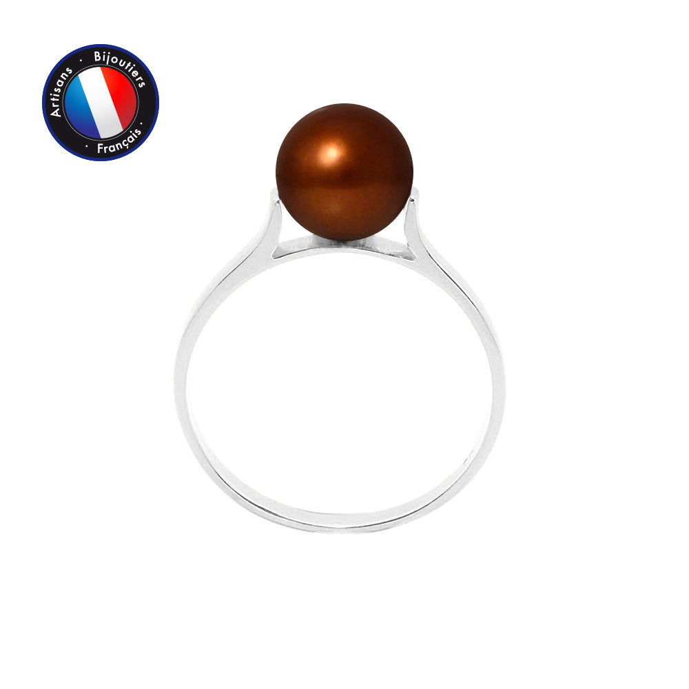 PERLINEA- Bague- Perles de Culture d'Eau Douce- Ronde Diamètre 7-8 mm Chocolat- Taille 48 (EU)- Bijou Femme- Or Blanc