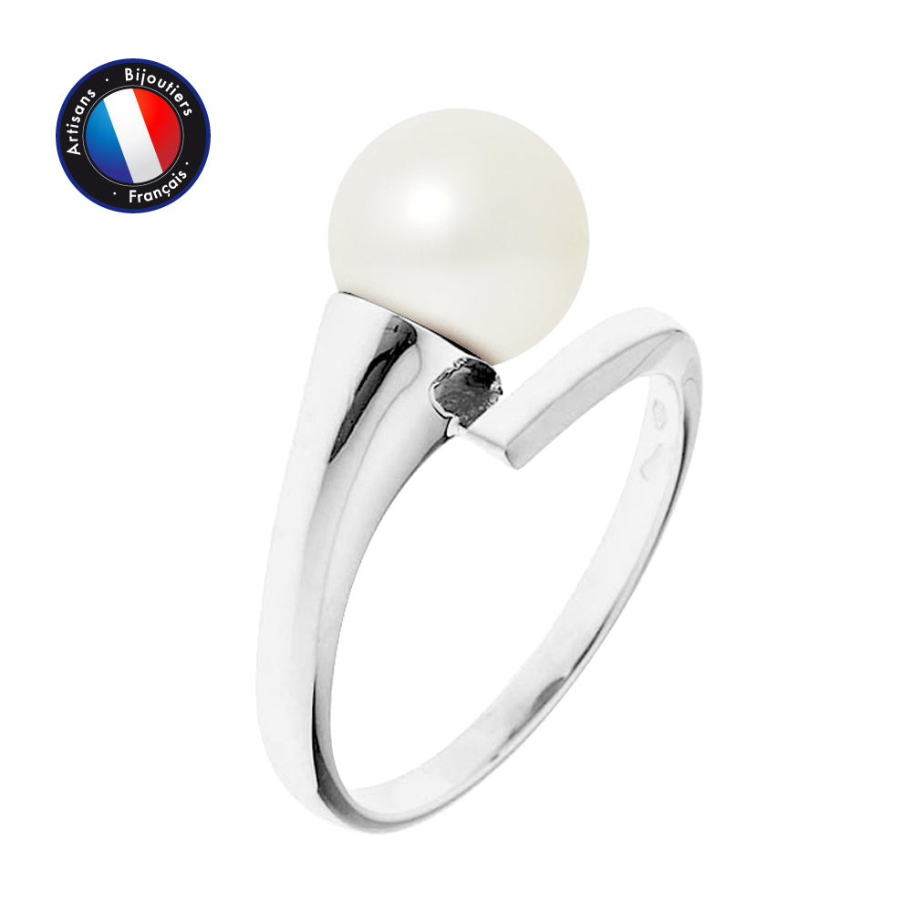 PERLINEA- Bague- Perles de Culture d'Eau Douce- Ronde Diamètre 8-9 mm Blanc- Taille 48 (EU)- Bijou Femme- Or Blanc