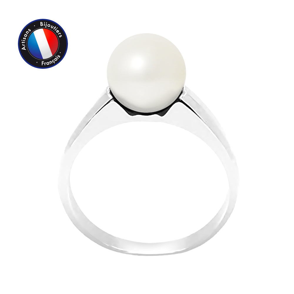 PERLINEA- Bague- Perles de Culture d'Eau Douce- Ronde Diamètre 8-9 mm Blanc- Taille 48 (EU)- Bijou Femme- Or Blanc