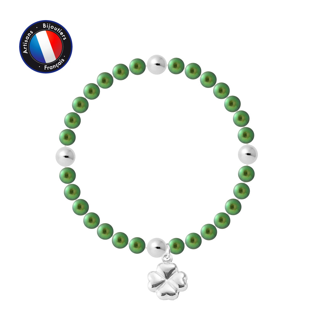 PERLINEA- Bracelet Porte Bonheur- Perle d'Eau Douce- Ronde 5-6 mm Vert Intense- Bijou Femme