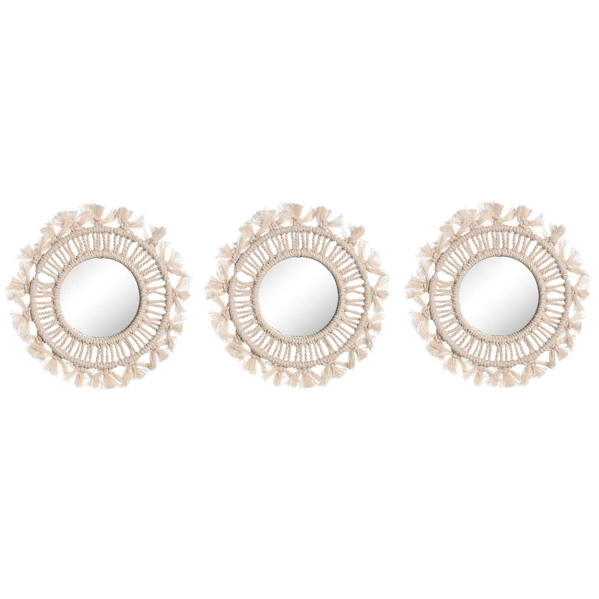 Ensemble de miroirs Home ESPRIT Blanc Verre Macramé Boho 20 x 1 x 20 cm (3 Pièces)