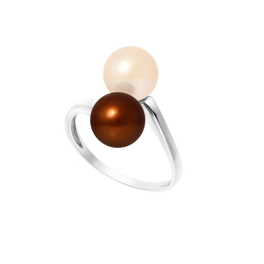 PERLINEA- Bague- Perles de Culture d'Eau douce- Ronde Diamètre 7-8 mm Rose & Chocolat- Taille 48 (EU)- Bijou Femme- Argent 925 Millièmes