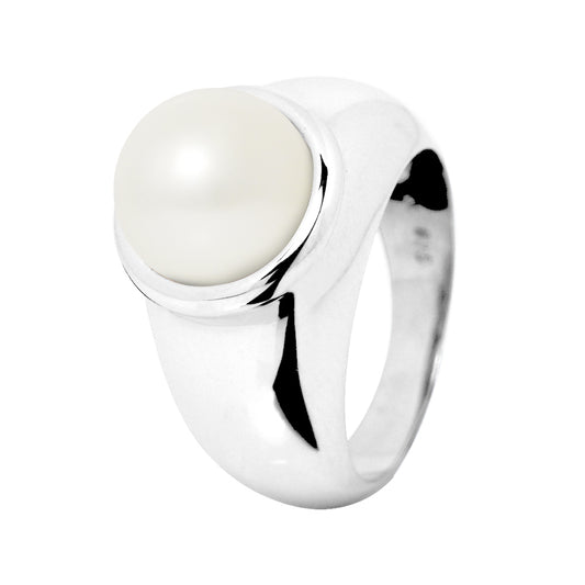 PERLINEA- Bague- Perles de Culture d'Eau douce- Bouton Diamètre 9-10 mm Blanc - Taille 48 (EU)- Bijou Femme- Argent 925 Millièmes