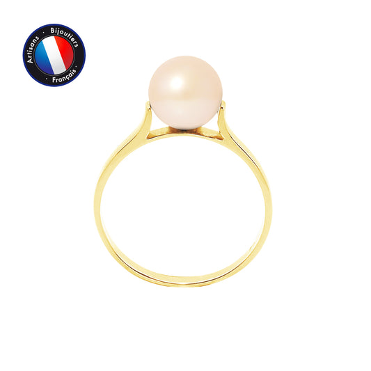 PERLINEA- Bague- Perles de Culture d'Eau Douce- Ronde Diamètre 7-8 mm Rose- Taille 48 (EU)- Bijou Femme- OrJaune
