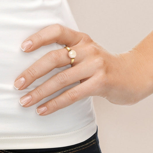 PERLINEA- Bague- Perles de Culture d'Eau Douce- Ronde Diamètre 7-8 mm Rose- Taille 48 (EU)- Bijou Femme- OrJaune