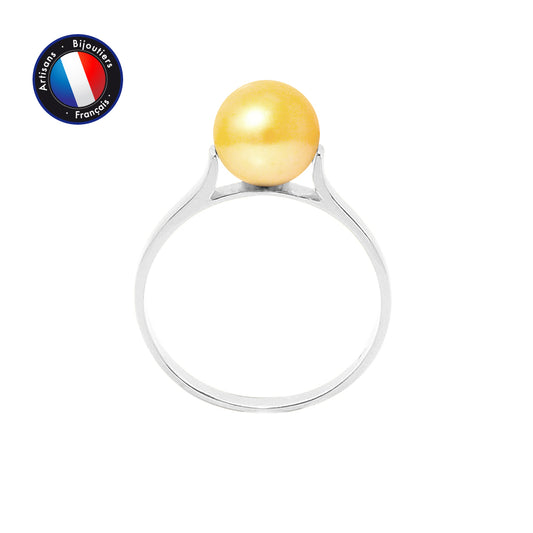 PERLINEA- Bague- Perles de Culture d'Eau Douce- Ronde Diamètre 7-8 mm Gold- Taille 48 (EU)- Bijou Femme- Or Blanc