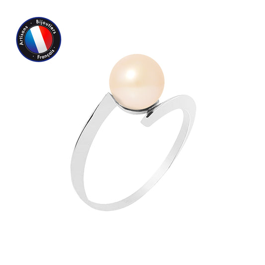 PERLINEA- Bague- Perles de Culture d'Eau Douce- Ronde Diamètre 7-8 mm Rose- Taille 48 (EU)- Bijou Femme- Or Blanc