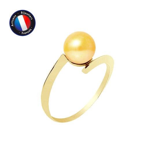 PERLINEA- Bague- Perles de Culture d'Eau Douce- Ronde Diamètre 7-8 mm Gold- Taille 48 (EU)- Bijou Femme- OrJaune
