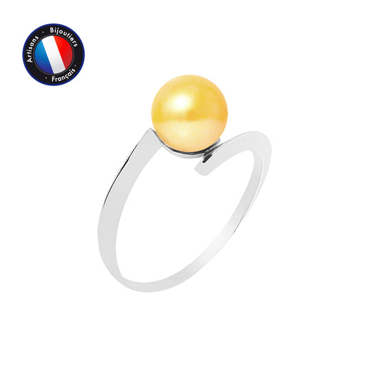 PERLINEA- Bague- Perles de Culture d'Eau Douce- Ronde Diamètre 7-8 mm Gold- Taille 48 (EU)- Bijou Femme- Or Blanc