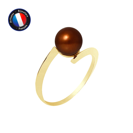 PERLINEA- Bague- Perles de Culture d'Eau Douce- Ronde Diamètre 7-8 mm Chocolat- Taille 48 (EU)- Bijou Femme- OrJaune