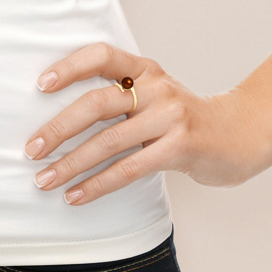 PERLINEA- Bague- Perles de Culture d'Eau Douce- Ronde Diamètre 7-8 mm Chocolat- Taille 48 (EU)- Bijou Femme- OrJaune