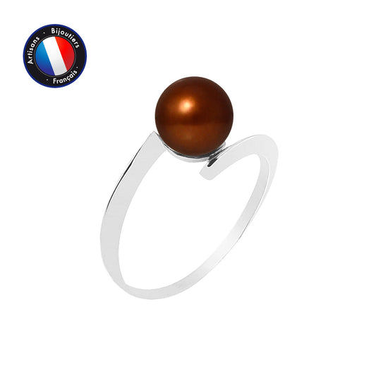 PERLINEA- Bague- Perles de Culture d'Eau Douce- Ronde Diamètre 7-8 mm Chocolat- Taille 48 (EU)- Bijou Femme- Or Blanc