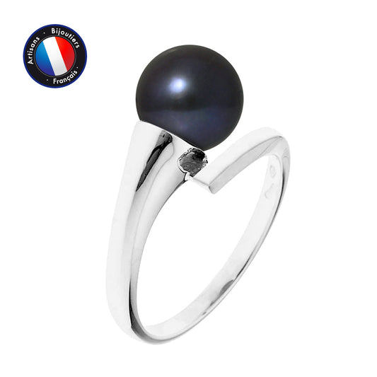 PERLINEA- Bague- Perles de Culture d'Eau Douce- Ronde Diamètre 8-9 mm Black Tahiti- Taille 48 (EU)- Bijou Femme- Or Blanc