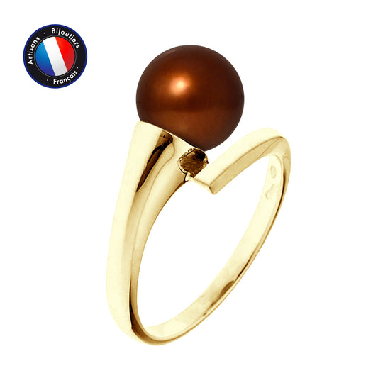 PERLINEA- Bague- Perles de Culture d'Eau Douce- Ronde Diamètre 8-9 mm Chocolat- Taille 48 (EU)- Bijou Femme- OrJaune