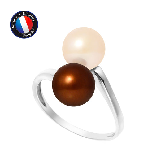 PERLINEA- Bague- Perles de Culture d'Eau Douce- Ronde Diamètre 7-8 mm Rose & Chocolat- Taille 48 (EU)- Bijou Femme- Or Blanc