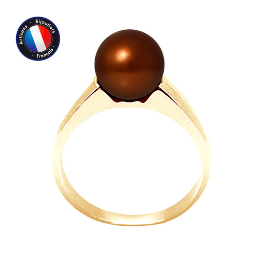 PERLINEA- Bague- Perles de Culture d'Eau Douce- Ronde Diamètre 8-9 mm Chocolat- Taille 48 (EU)- Bijou Femme- OrJaune