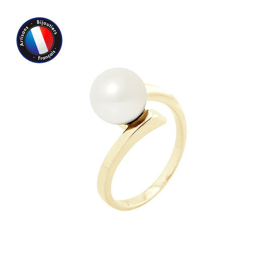 PERLINEA- Bague- Perles de Culture d'Eau Douce- Ronde Diamètre 8-9 mm Blanc- Taille 48 (EU)- Bijou Femme- OrJaune