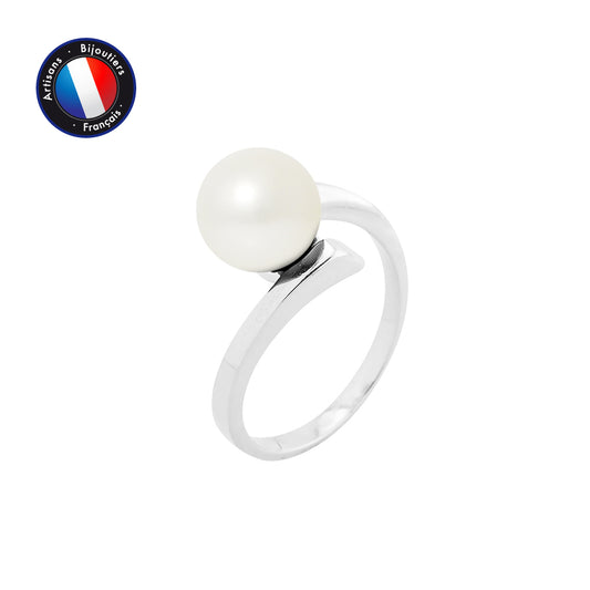 PERLINEA- Bague- Perles de Culture d'Eau Douce- Ronde Diamètre 8-9 mm Blanc- Taille 48 (EU)- Bijou Femme- Or Blanc