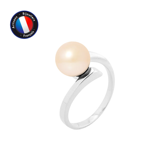 PERLINEA- Bague- Perles de Culture d'Eau Douce- Ronde Diamètre 8-9 mm Rose- Taille 48 (EU)- Bijou Femme- Or Blanc