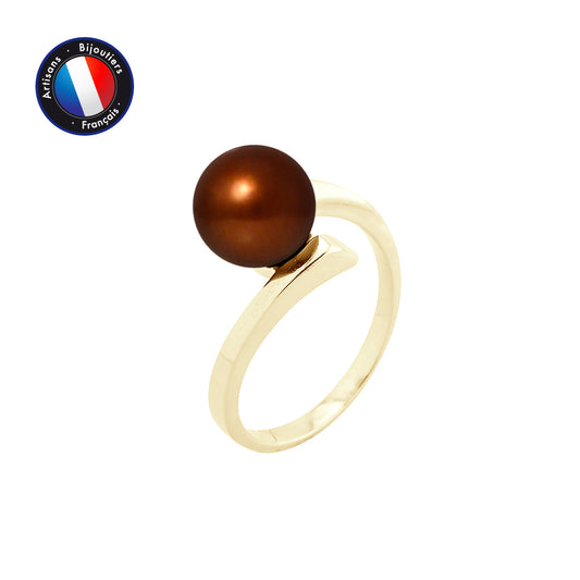 PERLINEA- Bague- Perles de Culture d'Eau Douce- Ronde Diamètre 8-9 mm Chocolat- Taille 48 (EU)- Bijou Femme- OrJaune