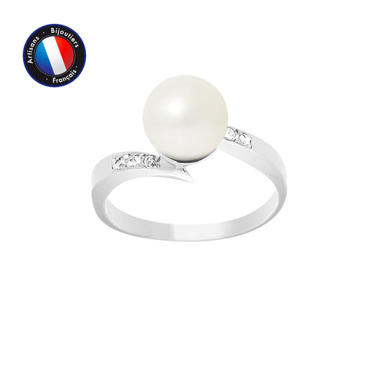 PERLINEA- Bague- Perles de Culture d'Eau Douce- Ronde Diamètre 8-9 mm Blanc- Taille 48 (EU)- Bijou Femme- Or Blanc- Dimants