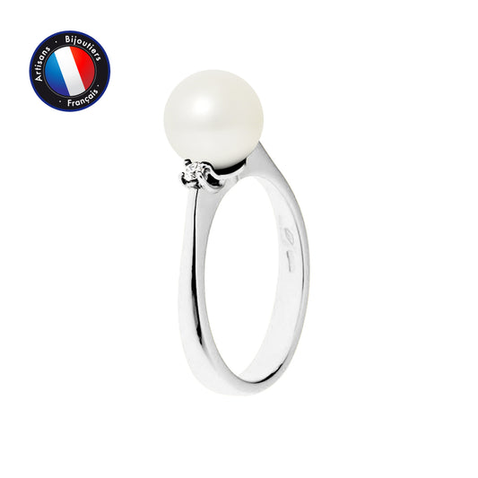 PERLINEA- Bague- Perles de Culture d'Eau Douce- Ronde Diamètre 8-9 mm Blanc- Taille 48 (EU)- Bijou Femme- Or Blanc- Dimants