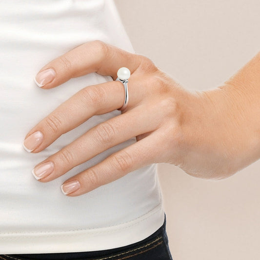 PERLINEA- Bague- Perles de Culture d'Eau Douce- Ronde Diamètre 8-9 mm Blanc- Taille 48 (EU)- Bijou Femme- Or Blanc- Dimants