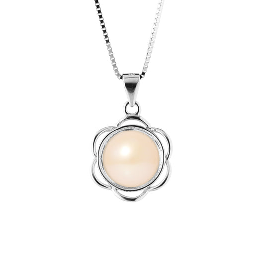 PERLINEA- Collier Fleur- Perle de Culture d'Eau Douce  RoseBouton 8-9 mm- Bijou Femme- Argent 925 Millièmes