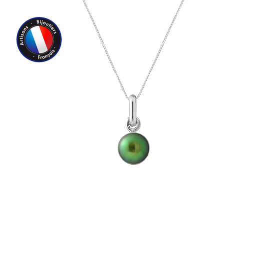 PERLINEA- Pendentif B‚liŠre- Perle de Culture d'Eau Douce- Bouton Diamètre 6-7 mm Vert Intense- Bijou Femme- Or Blanc