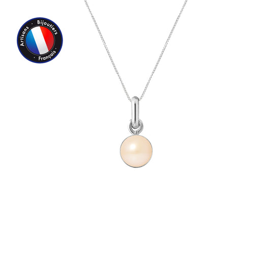 PERLINEA- Pendentif B‚liŠre- Perle de Culture d'Eau Douce- Bouton Diamètre 6-7 mm Rose- Bijou Femme- Or Blanc