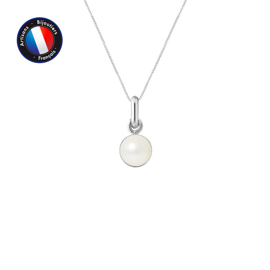 PERLINEA- Pendentif B‚liŠre- Perle de Culture d'Eau Douce- Bouton Diamètre 6-7 mm Blanc- Bijou Femme- Or Blanc