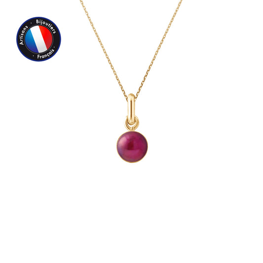 PERLINEA- Pendentif B‚liŠre- Perle de Culture d'Eau Douce- Bouton Diamètre 6-7 mm Rouge Cerise- Bijou Femme- OrJaune