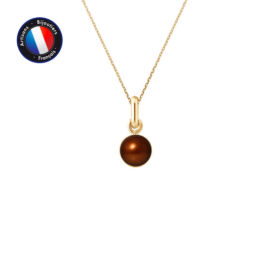 PERLINEA- Pendentif B‚liŠre- Perle de Culture d'Eau Douce- Bouton Diamètre 6-7 mm Chocolat- Bijou Femme- OrJaune