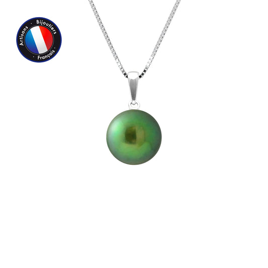 PERLINEA- Pendentif- Perle de Culture d'Eau Douce- Bouton Diamètre 9-10 mm Vert Intense- Bijou Femme- Or Blanc