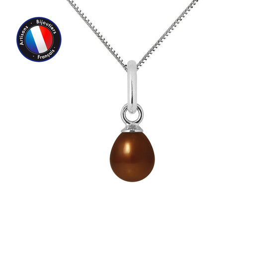 PERLINEA- Pendentif- Perle de Culture d'Eau Douce- Bouton Diamètre 5-6 mm Chocolat- Bijou Femme- Or Blanc
