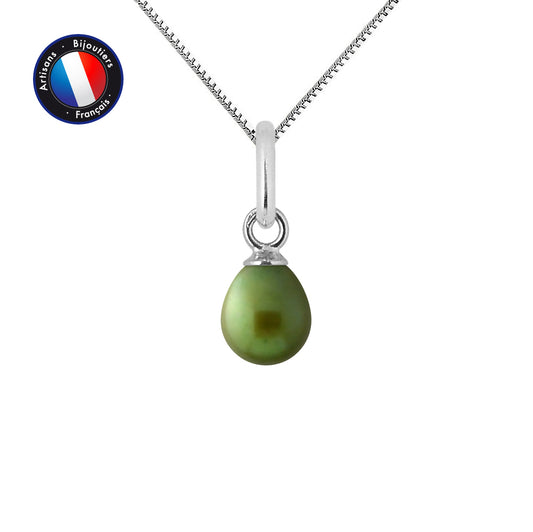 PERLINEA- Pendentif- Perle de Culture d'Eau Douce- Bouton Diamètre 5-6 mm Vert Intense- Bijou Femme- Or Blanc