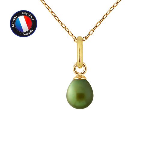 PERLINEA- Pendentif- Perle de Culture d'Eau Douce- Bouton Diamètre 5-6 mm Vert Intense- Bijou Femme- OrJaune