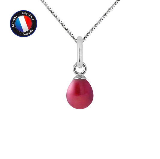 PERLINEA- Pendentif- Perle de Culture d'Eau Douce- Bouton Diamètre 5-6 mm Rouge Cerise- Bijou Femme- Or Blanc