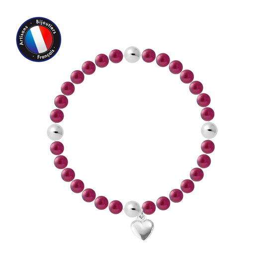 PERLINEA- Bracelet Porte Bonheur- Perle d'Eau Douce- Ronde 5-6 mm Rouge Cerise- Bijou Femme