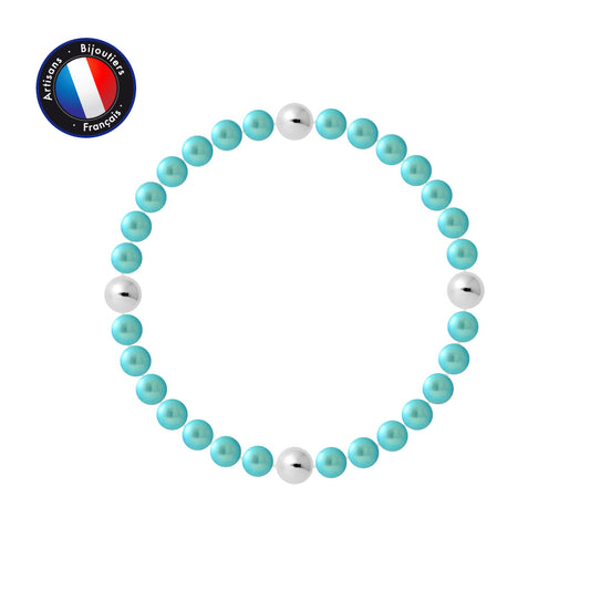 PERLINEA- Bracelet Porte Bonheur- Perle d'Eau Douce- Ronde 5-6 mm Bleu Turquoise- Bijou Femme