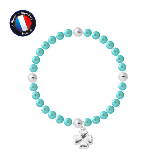 PERLINEA- Bracelet Porte Bonheur- Perle d'Eau Douce- Ronde 5-6 mm Bleu Turquoise- Bijou Femme