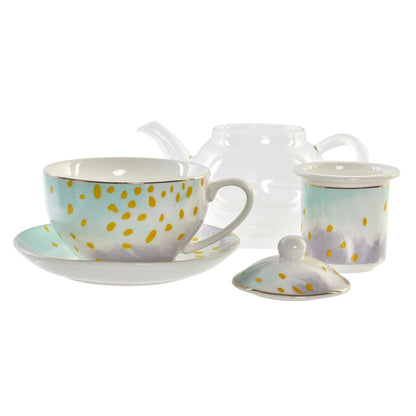 Théière DKD Home Decor Verre Porcelaine Rose Transparent Blanc Vert (2 Unités)