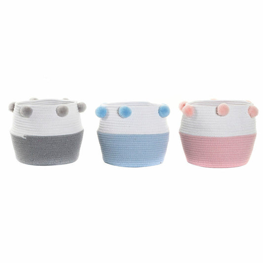 Panier DKD Home Decor Gris Bleu ciel Rose clair Pompons 30 x 30 x 26 cm Bois (3 Unités) (12 Unités)