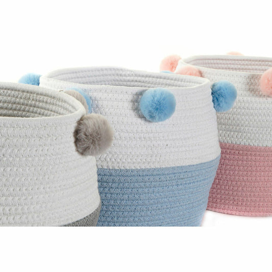 Panier DKD Home Decor Gris Bleu ciel Rose clair Pompons 30 x 30 x 26 cm Bois (3 Unités) (12 Unités)