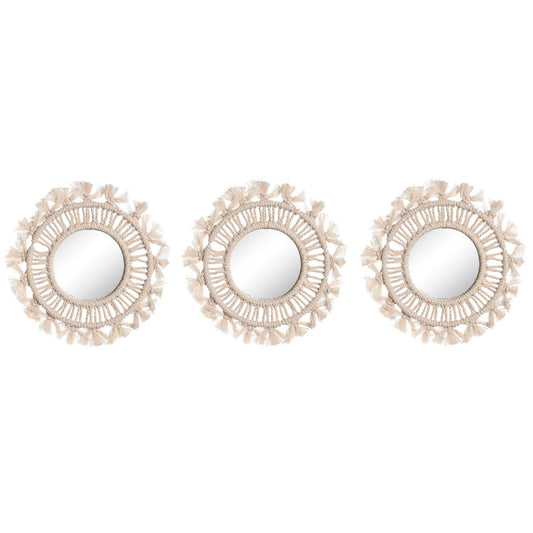 Ensemble de miroirs Home ESPRIT Blanc Verre Macramé Boho 20 x 1 x 20 cm (3 Pièces)