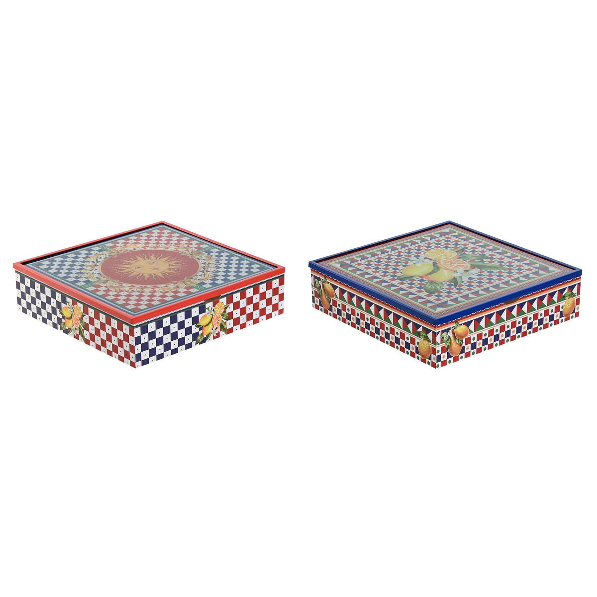 Boîte pour infusions Home ESPRIT Bleu Rouge Multicouleur Métal Verre Bois MDF 24 x 24 x 6,5 cm (2 Unités)