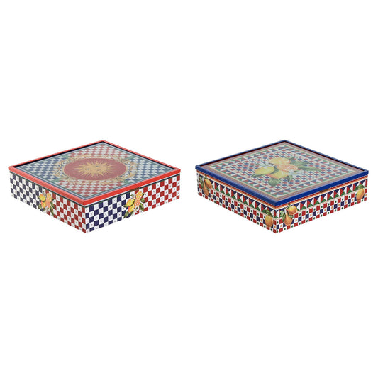 Boîte pour infusions Home ESPRIT Bleu Rouge Multicouleur Métal Verre Bois MDF 24 x 24 x 6,5 cm (2 Unités)