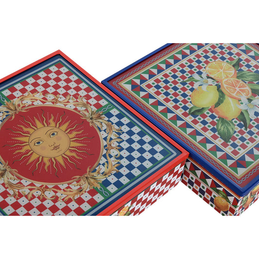 Boîte pour infusions Home ESPRIT Bleu Rouge Multicouleur Métal Verre Bois MDF 24 x 24 x 6,5 cm (2 Unités)